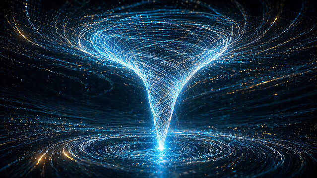 High speed digital vortex with luminous particle trails forming dynamic funnel representing data transfer and futuristic information flow system