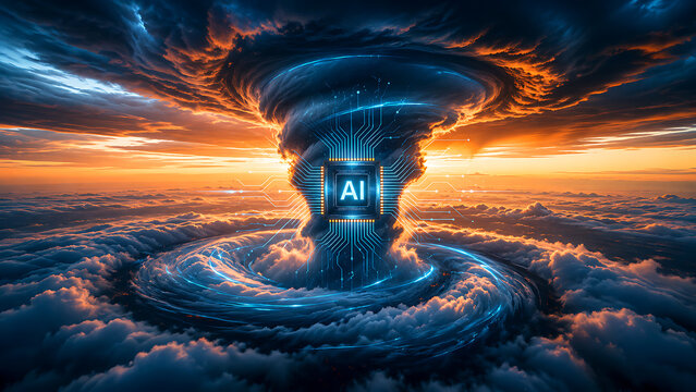 Massive storm vortex forming around artificial intelligence core above clouds representing powerful data processing and digital transformation