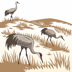 Fototapeta premium sandhill cranes foraging in a grassy field detailed vector illustration with a natural background