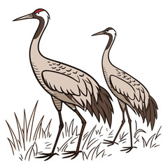 Fototapeta premium Two cranes standing in tall grass detailed line drawing illustration on a white background