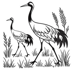 Fototapeta premium Two cranes walking through tall grass black and white line drawing illustration on a white background