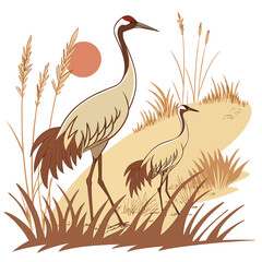Fototapeta premium Two cranes standing amongst tall grasses and a rising sun vector illustration