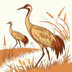 Fototapeta premium Two sandhill cranes walking through tall grasses stylized vector illustration with a warm color palette