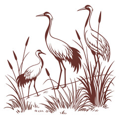 Fototapeta premium Three cranes among reeds and cattails stylized line art illustration on a white background