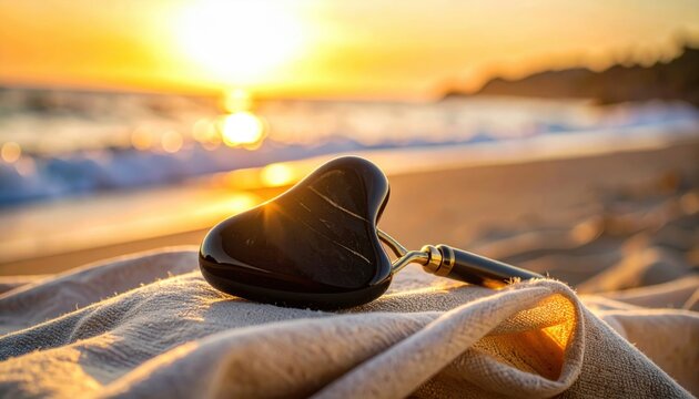 Polished obsidian heart-shaped facial roller tool with gold accent on textured fabric, bathed in sunset light