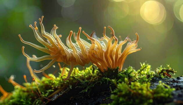 Amoeba proteus extends pseudopods to explore its mossy habitat with natural light illuminating its intricate cellular structure.