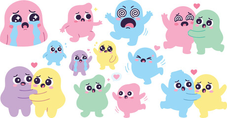 Fototapeta premium Colorful cartoon ghosts with expressive faces and various emotions on white background