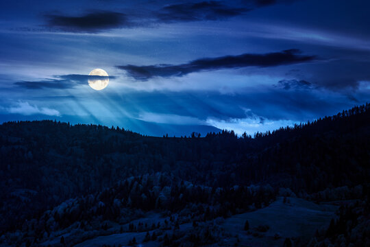 mountainous countryside scenery at night. full moon over dark sky view above the valley. green fields and trees on the hills. mysterious nature scenery of carpathian mountains