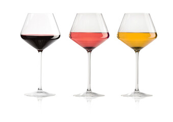 Obraz premium Rose, red and white wine in glasses on transparent background