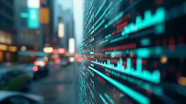 Complex financial data streams across a futuristic holographic interface, creating a dynamic visualization of market trends and investment performance against the backdrop of a blurred citys.