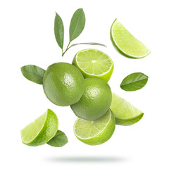 Naklejka premium Fresh limes and green leaves falling on transparent background. Citrus fruit