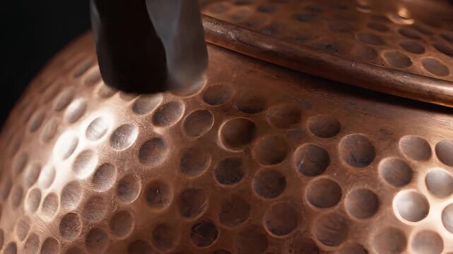Closeup of a Hammered Copper Kettle Being Crafted by Hand.
