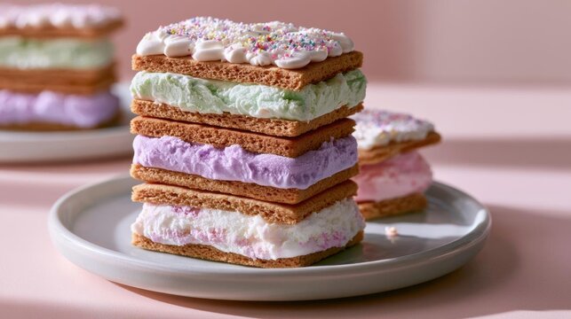 Stack of four ice cream sandwiches on a white plate. the sandwiches are made with graham crackers and are topped with a layer of whipped cream and sprinkles.