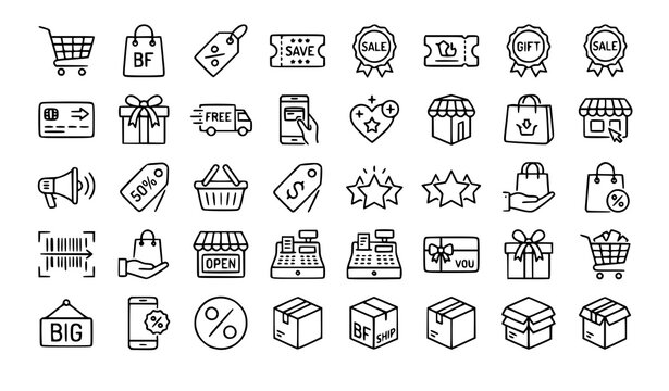 Black Friday shopping thin line icon set with coupon cart discount and promotion web symbols vector isolated on white background
