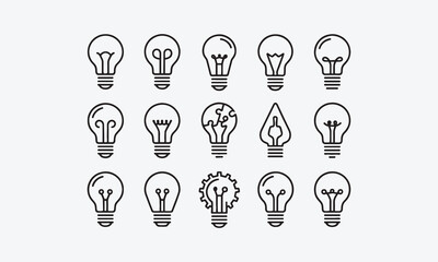 Fototapeta premium Light bulb line art vector icon set, innovation and solution symbols,