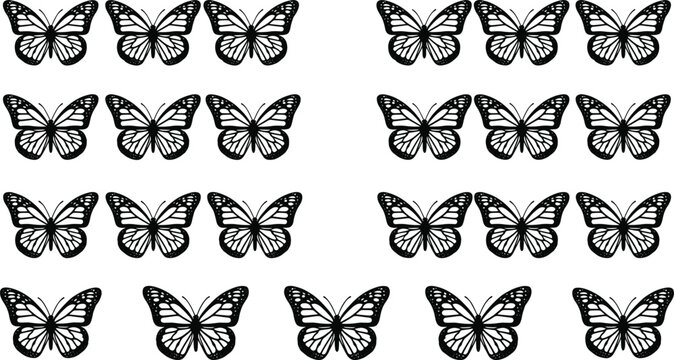 Black and White Butterfly Silhouette Collection with Decorative Insect Wings, Symmetrical Nature Icons, and Minimal Vector Design Elements
