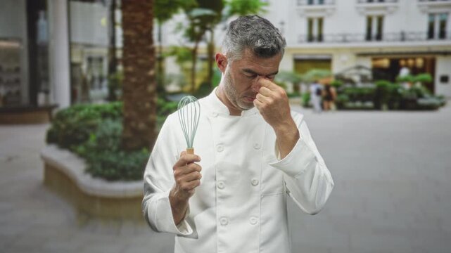 Man chef in white jacket holding a whisk and pinching his nose on a city street by shopfronts, reacting to a strong unpleasant smell; disgust.