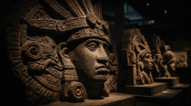 Maya Aztec civilization, Mexico culture. Mysterious, fantasy. A dark, moody photograph of intricately carved stone carvings, likely from an ancient Mayan civilization. The main subject is a face.