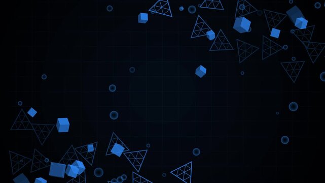 Geometric background with neon cubes and outlined triangular shapes scattered at corners animation