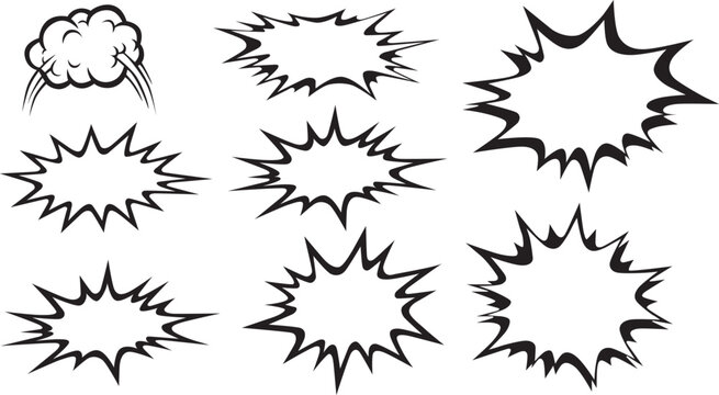 Collection of comic book style speech bubbles and explosion effects isolated on white background victor illustration