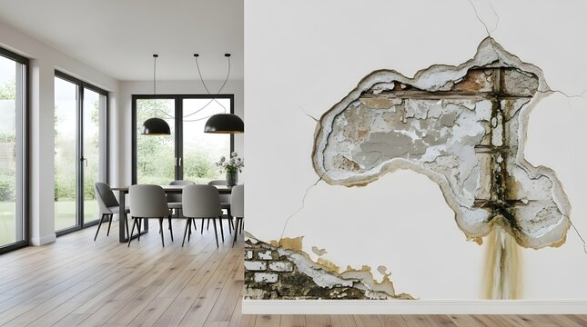 Severe wall damage with crumbling plaster and visible brickwork due to prolonged water leak contrasting with modern minimalist dining room interior.