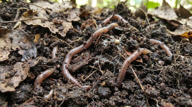 Ultra close-up of compost and earthworms enriching soil, natural farming macro photography, organic realism