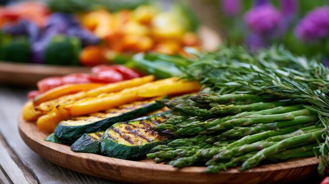 Wooden platter with a variety of colorful vegetables on it. on the left side of the platter, there are sliced yellow and red bell peppers, zucchini, and asparagus.