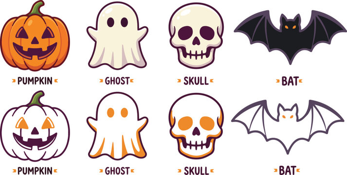 Set of cute halloween icons including pumpkin ghost skull and bat characters in colorful and outline doodle styles