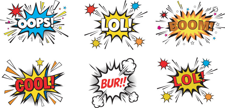 A set of six colorful comic book style speech bubbles isolated on white background victor illustration