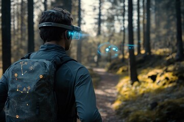 Naklejka premium Trail runner using AR glasses to navigate mountain route