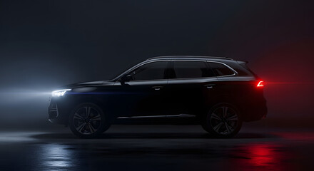 Naklejka premium Luxury electric SUV driving through dark foggy night with red taillights illuminated