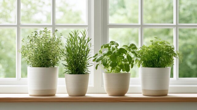 Four potted plants on a windowsill. the windowsill is made of wood and has a white frame. the plants are arranged in a row, with the largest one in the center and two smaller ones on either side.
