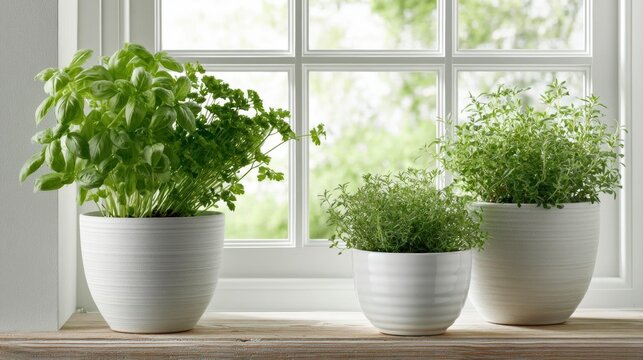 Three potted plants on a windowsill. the plants are arranged in a row, with the largest one on the left and two smaller ones on the right. all three pots are white and have a textured surface.