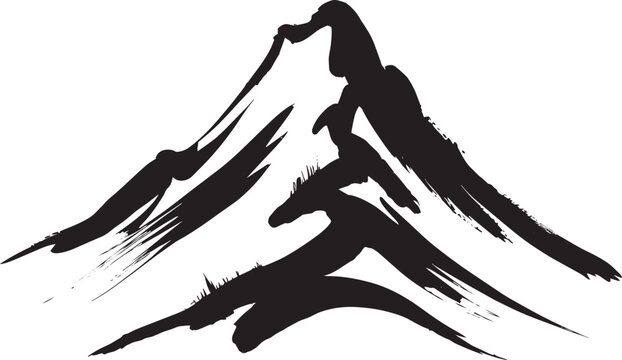 Stylized mountain peak painted with bold black ink brush strokes with sumi e black and white stroke