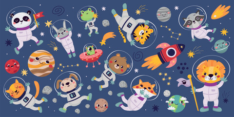 Set of cute astronaut animals in space, rockets, planets, stars. Space bundle in cartoon style with planets, kids and animals astronauts on dark background. © nafanya241