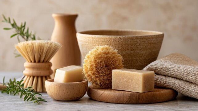 Collection of bathroom accessories on a marble countertop. there are three items in the image - a wooden bowl, a soap dish, and a brush with bristles.