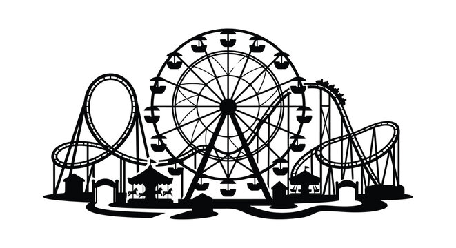 Amusement park silhouette with ferris wheel and roller coasters