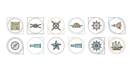 Fototapeta premium Nautical Icons Set: Ship Wheel, Telescope, Knot, Starfish, Ship
