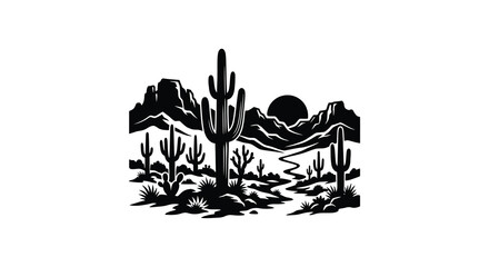 Desert landscape silhouette saguaro cactus mountains and sunset scene in black and white © Yasin24