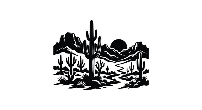 Desert landscape silhouette saguaro cactus mountains and sunset scene in black and white