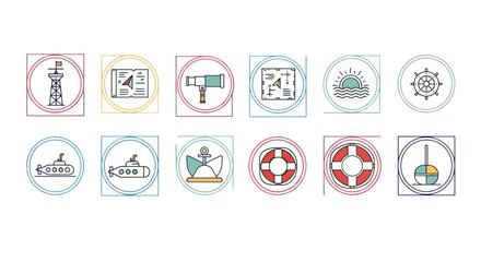 Nautical Icons Set: Ship, Submarine, Compass, Telescope, Lifebuoy, Sunrise © anindya