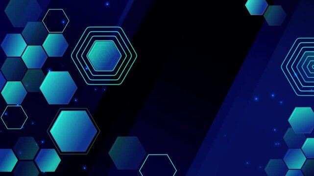 Dark abstract background with glowing hexagons and geometric lines animation