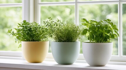 Fototapeta premium Three potted plants on a windowsill. the plants are in different colors - one is yellow, one is light green, and one is white.