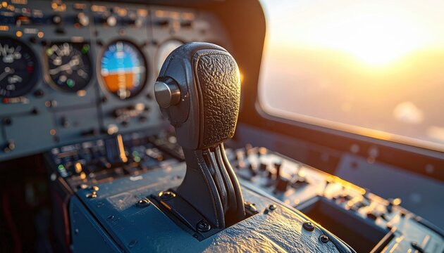 Close up of an aircraft throttle lever in the cockpit with sunset light, displaying flight controls.