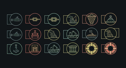 Nautical Icons Set: Ships, Anchors, Buoys, Lifebuoys, and Coastal Elements © Halan