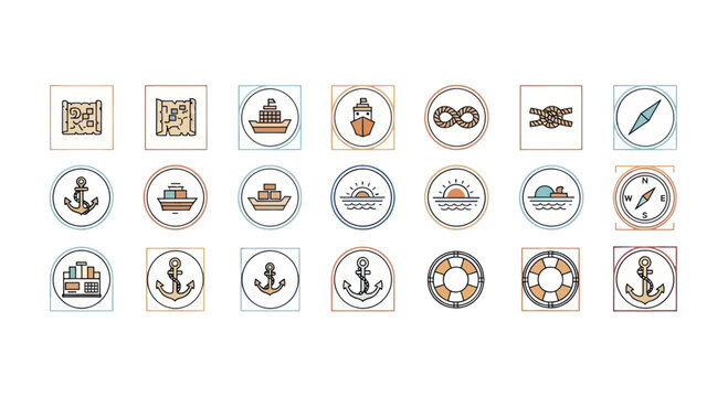 Nautical Icons Set: Ships, Anchors, Compass, Lifebuoy, Maps, Sun, Infinity Symbol