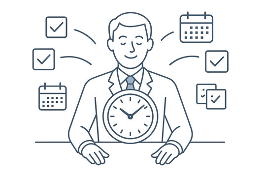 A busy professional sitting at a desk with a digital clock face integrated