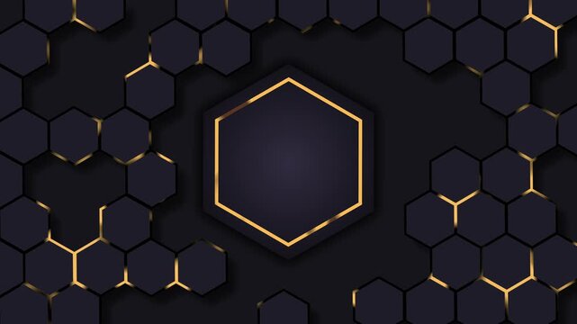Dark hexagon honeycomb background with glowing frame abstract animation