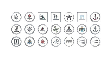 Nautical Icons Set: Ships, Anchors, Waves, Buoys, Lighthouse, Compass, Starfish © Vleg