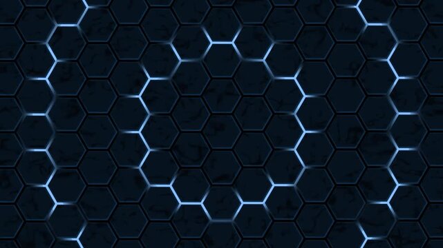 Dark hexagonal tile pattern with glowing seams forming circular ring and vertical lines background animation